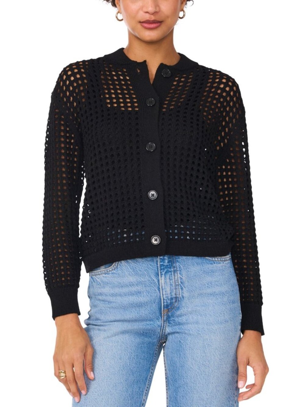 Vince Camuto Textured Mesh Button Bomber Jacket Sweater - Picture 6 of 6